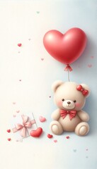 Wall Mural - cute watercolor teddy bear, red heart balloon, valentine's day card, mother's day