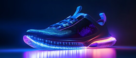 Poster - Futuristic Lightweight Running Shoe with Colorful LED Lights Displayed in a Dark Setting, Showcasing Modern Design and Cutting-Edge Technology for Athletic Performance