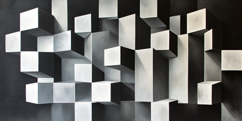 Poster - Abstract Black and White Cube Pattern: A mesmerizing interplay of light and shadow creates a three-dimensional effect with a captivating geometric design in black and white.