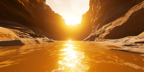 Poster - Golden Hour Canyon: Serene sunset paints a breathtaking canyon landscape with a tranquil river reflecting the warm golden light.  A captivating scene of nature's beauty and tranquility. 