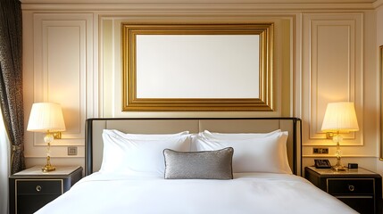 Wall Mural - A luxury hotel suite with a large gold empty frame on a soft cream wall above a king-sized bed, paired with elegant bedside tables and lamps