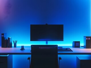 Poster - Modern Home Office Setup with Ambient Lighting and Minimalist Design Features for a Productive Workspace Experience