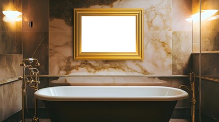 Canvas Print - A luxurious hotel-style bathroom with a thin gold blank frame above a sleek freestanding tub, surrounded by marble walls and warm recessed lighting