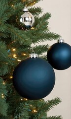 Wall Mural - A Christmas tree adorned with dark blue and silver ornaments, showcasing a modern, elegant holiday decor style with twinkling lights