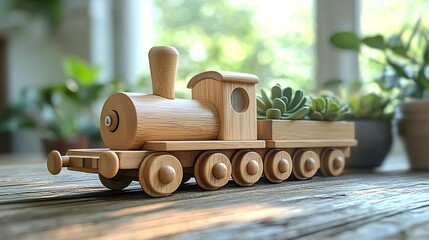 Poster - Handcrafted wooden train figurine placed on a rustic wooden table with intricate details and soft warm sunlight highlighting the natural textures of the materials emphasizing an eco friendly
