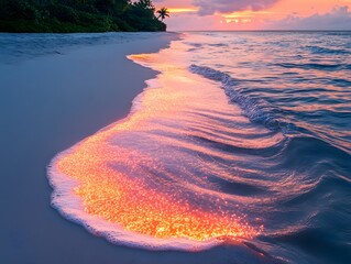 Poster - Captivating Beach Sunset with Glowing Waves Reflected on Serene Shoreline, Creating a Dreamlike Atmosphere of Natural Beauty and Tranquility