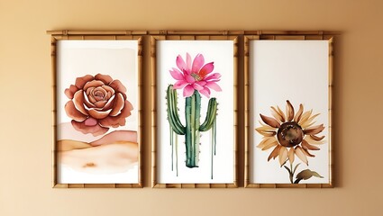 Wall Mural - set of three abstract posters with floral art in frames