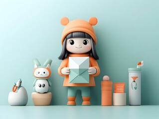 Poster - Cheerful and Whimsical Cartoon Character Holding a Simple Geometric Paper Package Crafted for a Children s Product Line Set Against a Clean and Bright Background