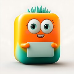 Poster - A 3D rendered image of a charming cartoon character securely grasping a generic square paper container featuring vibrant colors a whimsical design and a cheerful expression