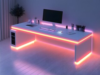 Poster - Sleek Modern Home Office Desk with LED Accent Lighting Featuring Computer Monitor, Keyboard, Mouse, and Minimalist Accessories in a Calming Setting
