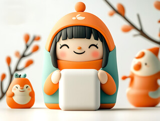 Poster - Cheerful and Endearing Cartoon Persona Firmly Gripping a Plain Cubic Container Designed for Children s Products with a Charming Animated Style Against a Pristine White Backdrop