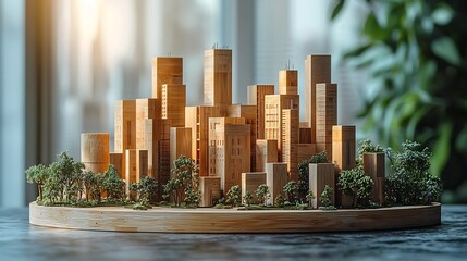 Poster - Minimalistic abstract arrangement of wooden building blocks forming a stylized cityscape with dramatic lighting and shadow interplay creating a contemporary and visionary architectural design