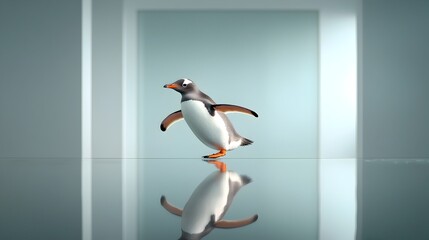 Poster - A graceful penguin navigating a mirrored reflective plane its monochromatic plumage accentuated by chiaroscuro lighting imbued with a sense of timeless architectural elegance set within a sparse