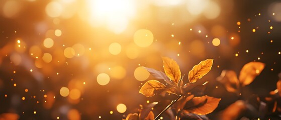 Aufkleber - Captivating Golden Autumn Leaves with Soft Sparkling Bokeh Background Illuminated by Warm Sunlight in a Serene Nature Setting