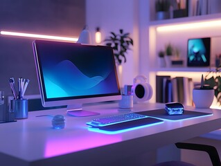 Poster - Modern Home Office Setup with Stylish Computer, Creative Desk Accessories, and Relaxing Ambient Lighting for Productivity and Inspiration