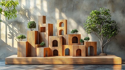 Poster - Captivating abstract arrangement of wooden building blocks forming a minimalist cityscape with dramatic lighting and shadow interplay creating a visually striking and imaginative scene