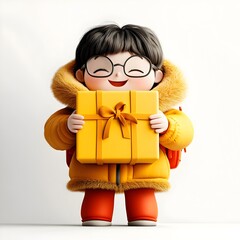 Poster - Endearing cartoon persona with a whimsical and friendly expression firmly grasping an unbranded rectangular paper package suitable for children s items or product packaging