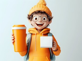 Poster - Whimsical and Exaggerated 3D Rendered Cartoon Character Joyfully Holding a Simple Square Paper Container with Vivid Palette and Clean Linework Designed for Kid Friendly Merchandise and Product Display