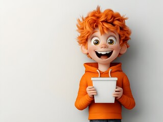 Poster - Whimsical and Exaggerated 3D Rendered Cartoon Character Joyfully Holding a Simple Square Paper Container with Vibrant Palette and Clean Linework
