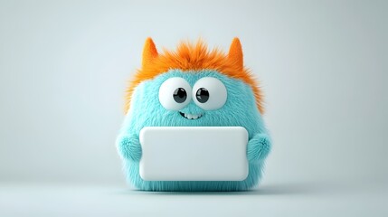 Poster - Playful cartoon inspired creature clutching a plain rectangular box in a colorful and delightful digital a warm and cheerful character in a simple white setting