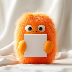 Poster - Friendly and Adorable 3D Rendered Cartoon Mascot Character Firmly Holding an Unbranded Rectangular Paper Package or Box Suitable for Children s Items or Products