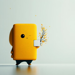 Poster - Adorable 3D Rendered Cartoon Figure Securely Grasping a Generic Square Paper Container Positioned on a Minimalist Pure White Background Ideal for Kid s Products and Packaging Design