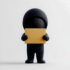 Poster - 3D Rendered Charming Cartoon Figure Tightly Clasping a Featureless Four Sided Paper Box Designed for Youth Oriented Products Situated on a Crisp White Background