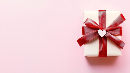 Poster - A small simple white gift box tied with a delicate red ribbon bow and decorated with a tiny heart tag placed on a clean pastel pink background with ample copy space for product or text overlay