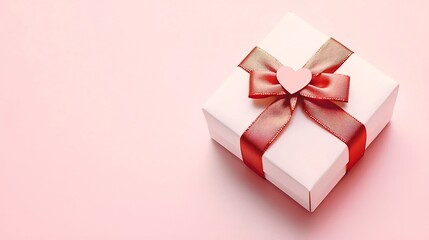 Poster - A minimalistic and elegant photograph showcasing a small white gift box tied with a simple red ribbon bow decorated with a tiny heart tag