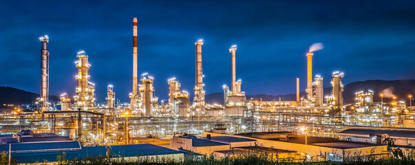 Poster - Industrial facility illuminated at dusk with smoke rising