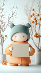 Poster - Whimsical emotive 3D animated character holding a plain cardboard box perfect for children s product design placed in a clean minimalist white studio setting with gentle illumination