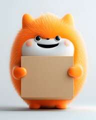 Poster - Cheerful and whimsical 3D rendered cartoon figure of an animal inspired character securely gripping an unadorned rectangular cardboard box meant for kid friendly products
