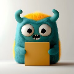 Poster - Whimsical and Adorable Animated 3D Entity with Cheerful Friendly Expression Firmly Grasping Unbranded Cardboard Package Placed Against Clean Minimalist White Backdrop with Soft Lighting