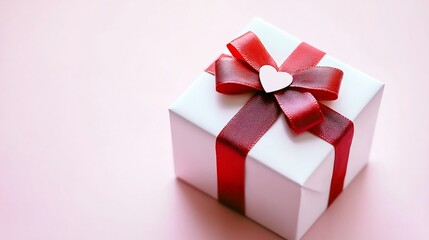 Poster - Minimalistic photograph of a small white gift box tied with a simple red ribbon bow decorated with a tiny heart tag