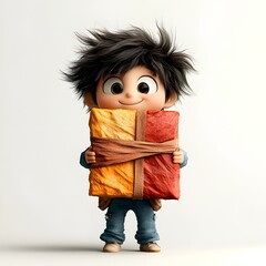 Poster - Charming and whimsical 3D rendered animated character firmly grasping a generic rectangular paper package wrapped in vibrant colors designed for children s products