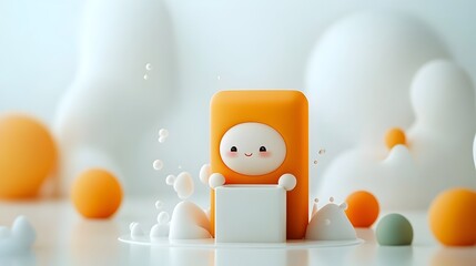 Poster - Confident and Charming 3D Rendered Animated Character Gripping a Simple Square Container with a Playful Stance