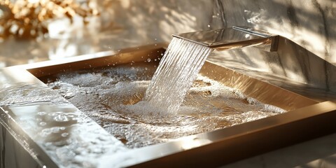 Sticker - High-angle view of a water splash from a modern faucet into a sleek, minimalistic sink