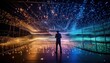 © CreativeVirginia - 人のシルエットが、青、緑、金色のトーンにぼかされた何千もの浮かぶ光に包まれた没入型の空間の中心に立っています。視覚効果は深さ、動き、没入感を生み出し、未来的な風景やデジタル宇宙を想起させます。この画像は、驚き、探求、無限とのつながりを伝えるものにしてください。