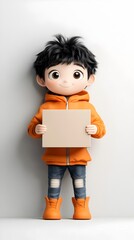 Poster - Whimsical emotive 3D rendered animated character holding a plain cardboard box perfect for children s product design placed in a clean minimalist white studio setting with gentle illumination