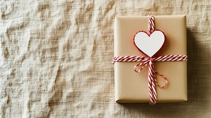 Poster - A simple and elegant minimalistic photograph showcasing a kraft paper gift box tied with red and white twine adorned with a single paper heart cutout