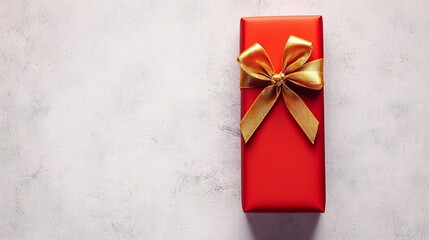 Poster - Minimalist red matte rectangular gift box tied with a golden ribbon on a soft light gray background with ample copy space for your design or text overlay