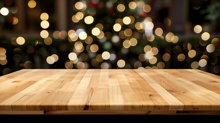 Wall Mural - Empty wooden table in front of abstract blurred Christmas light background for product display in a coffee shop, local market or bar