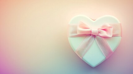Poster - A minimalistic and elegant photograph showcasing a heart shaped white gift box with a soft pink ribbon bow placed on a smooth pastel background with ample empty space for text or design elements