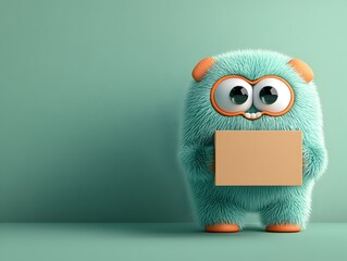 Poster - Charming and Playful 3D Rendered Anthropomorphic Character Holding a Simple Cardboard Box with Expressive Body Language Facial Features and a Cheerful