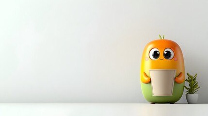 Poster - Endearing Anthropomorphic Character Holding a Simple Cardboard Container with Emotive Personality Designed for Children s Media Placed on a Clean White Stage with Modern Storybook Aesthetic