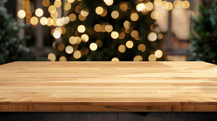 Wall Mural - Empty wooden table in front of abstract blurred Christmas light background for product display in a coffee shop, local market or bar