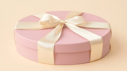Poster - Minimalist photograph of a round soft pink gift box tied with a cream satin ribbon isolated on a pastel beige background with ample copy space for product display or branding