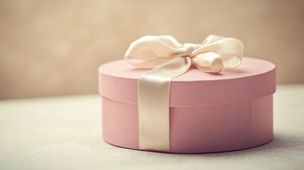 Poster - Minimalist soft pink round gift box tied with a cream satin ribbon isolated on a pastel beige background with ample copy space for product display or concept