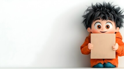 Poster - Endearing 3D Rendered Animated Character Clutching a Basic Square Cardboard Box with a Playful Expression and Dynamic Pose Ideal for Children s Products