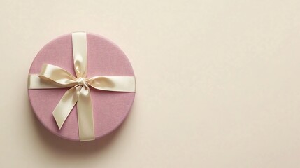 Poster - A minimalistic photograph of a round gift box in soft pink tied with a cream satin ribbon isolated on a pastel beige background with ample copy space for product packaging or branding design